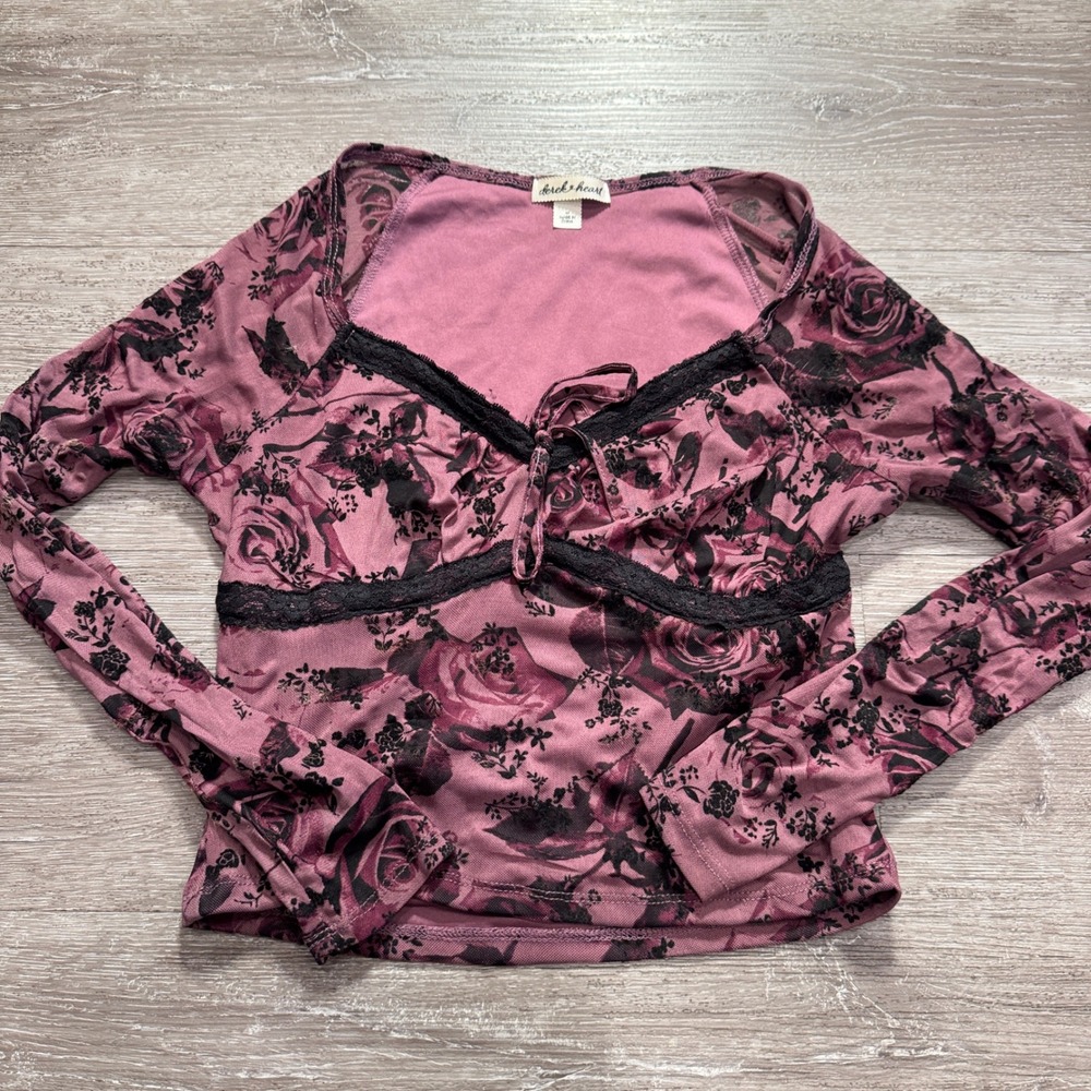 Derek Heart Blouse Womens M Purple Floral Mesh Y2K Fairycore Top Lace Lounge